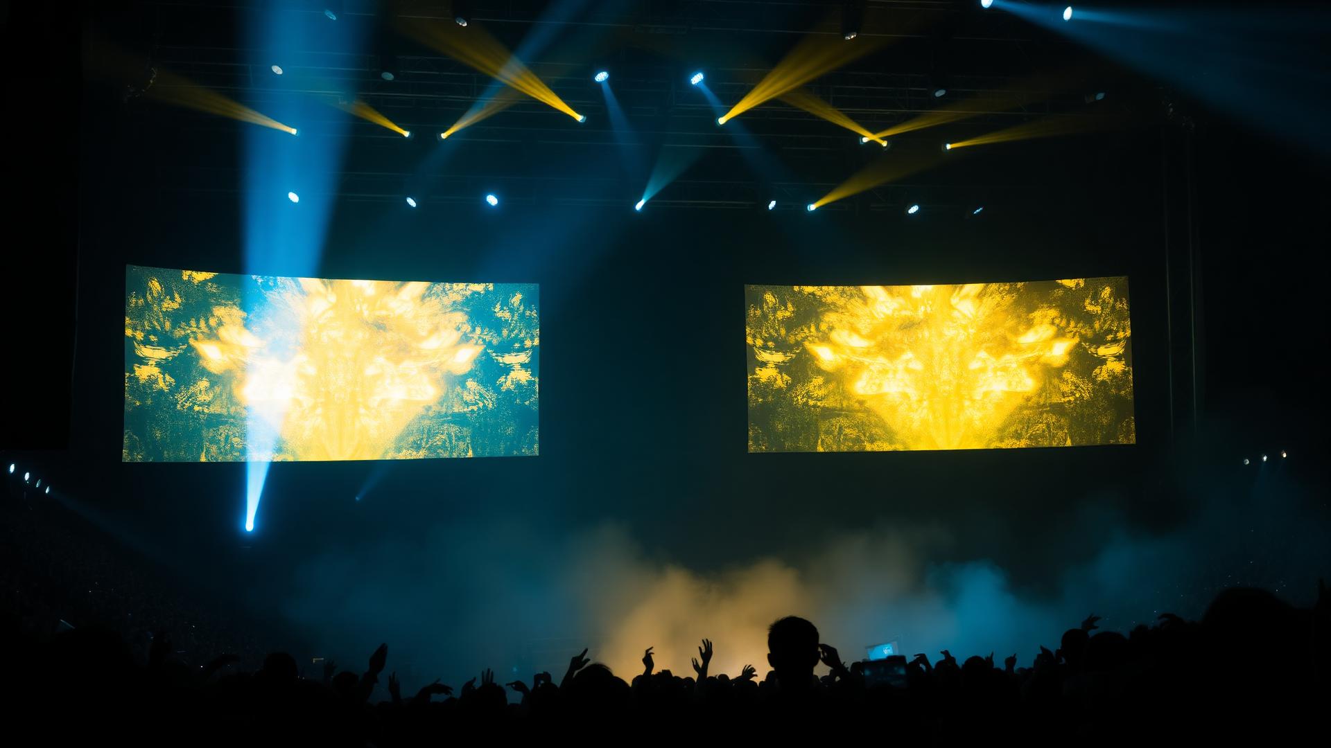 Escenario con pantallas LED, humo y luces de concierto