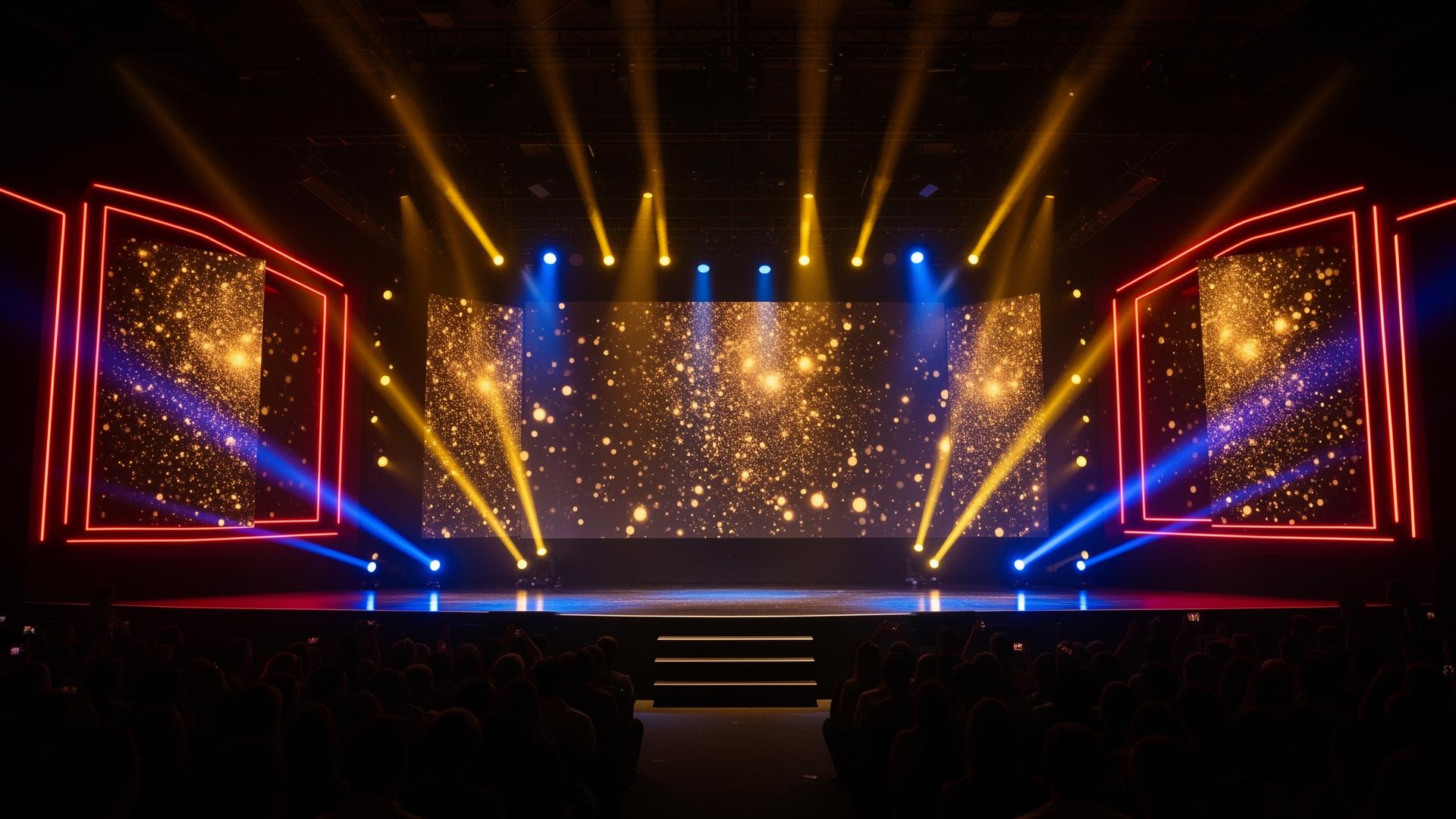 Escenario con luces, pantallas LED y producción en vivo