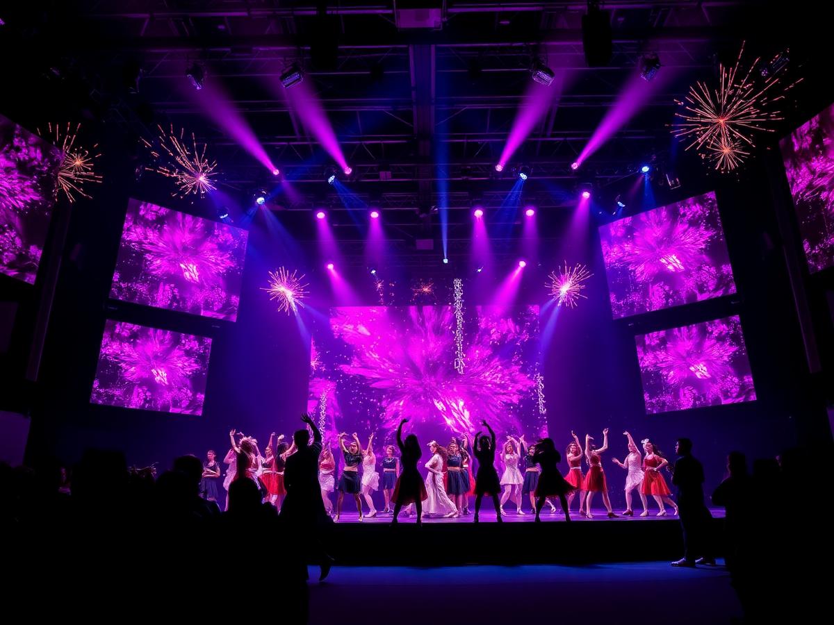 Gran show en escenario con pantallas LED y luces moradas